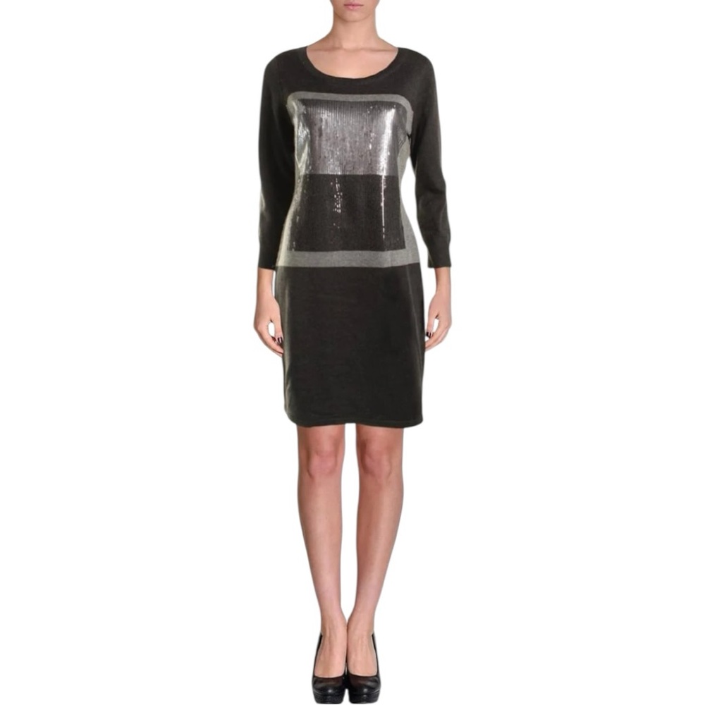 Calvin Klein Black Knit Sequin Dress Small Colour Block Silver Grey Fitted - Picture 1 of 8